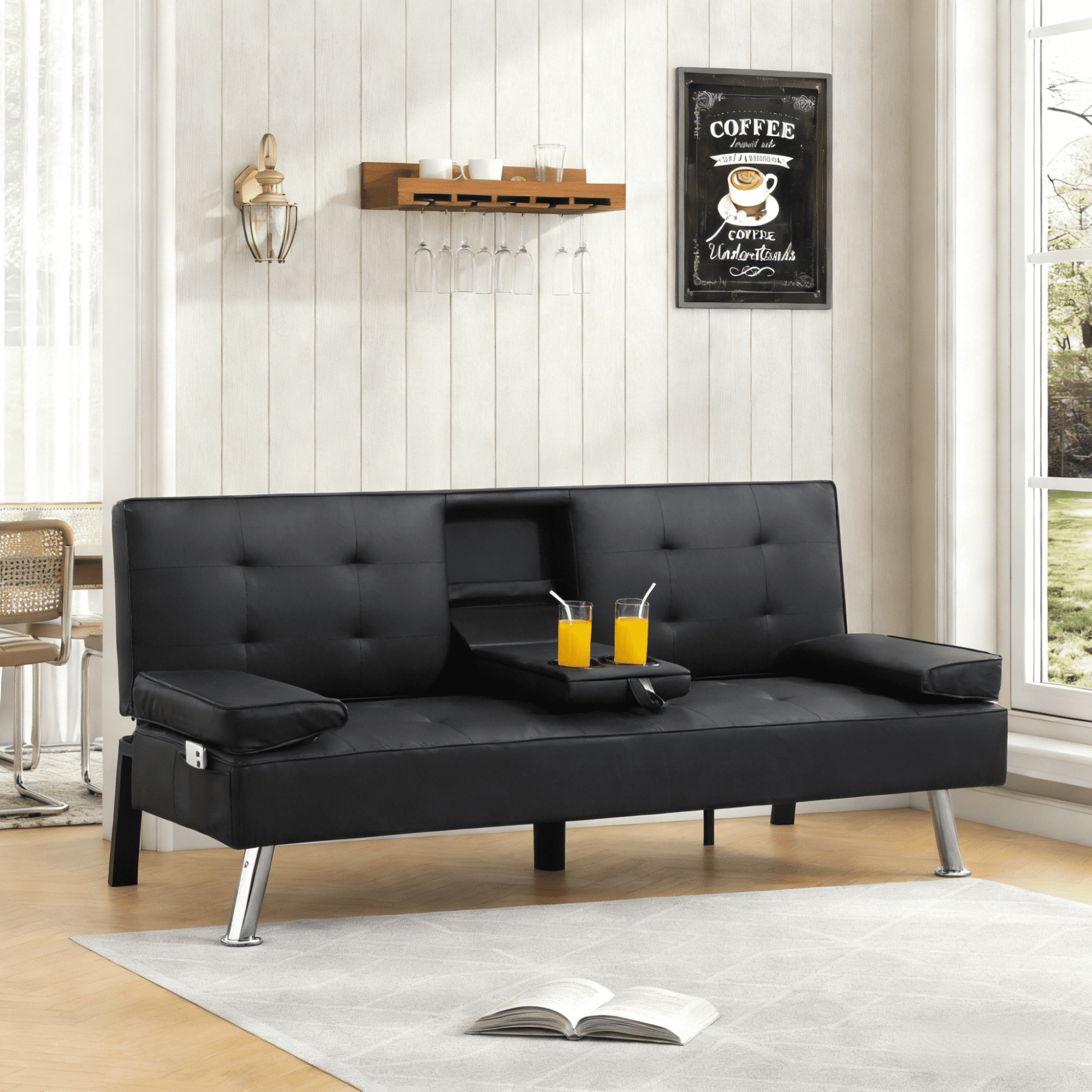 Gewnee 65.35 inch PU Foldable Sofa Bed,Adjustable Recliner Angle with 2 Cup Holders,Suitable for Living Room、Guest Room、Office（Black）