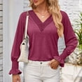 thumbnail image 5 of Ahdbta Women's Fall Blouses Fashion Lace Trim Sexy V-Neck Solid Color Tee Shirts Smocked Cuff Ruffle Long Sleeve Tunic Tops, 5 of 7