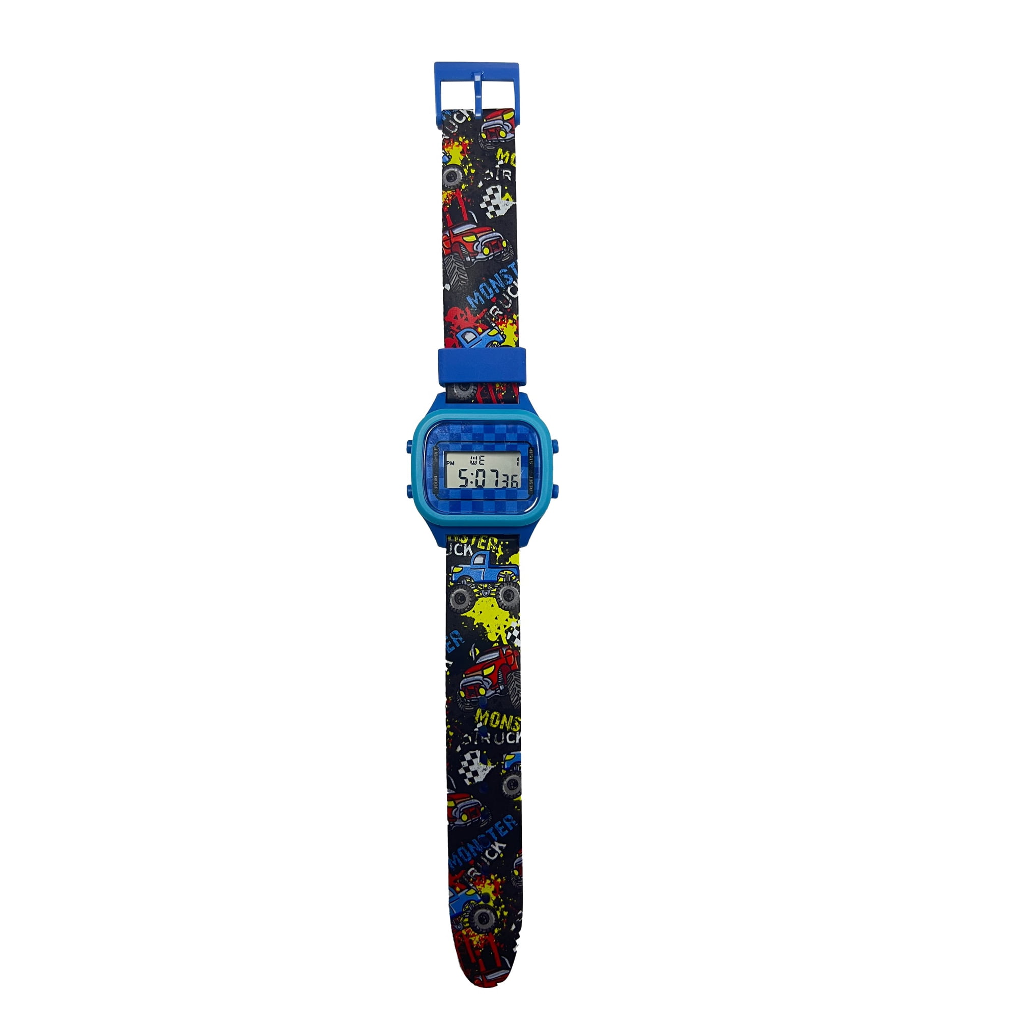 Wonder Nation Boys Round Multifunction LCD Kids Monster Truck Digital Wristwatch, Blue Multi Color, Silicone Strap