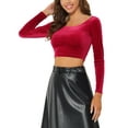 thumbnail image 4 of Unique Bargains Women's Velvet Long Sleeve Scoop Neck Solid Crop Top L Red, 4 of 6
