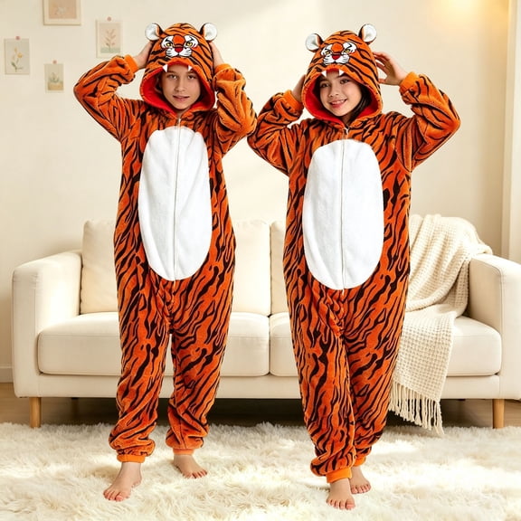 EnJoCho Plush Tiger Hooded Jumpsuit for Kids Boys Girls Cute Striped Animal Fleece Coverall with 3D Ears Full-Zip White Belly Warm Winter Outfit