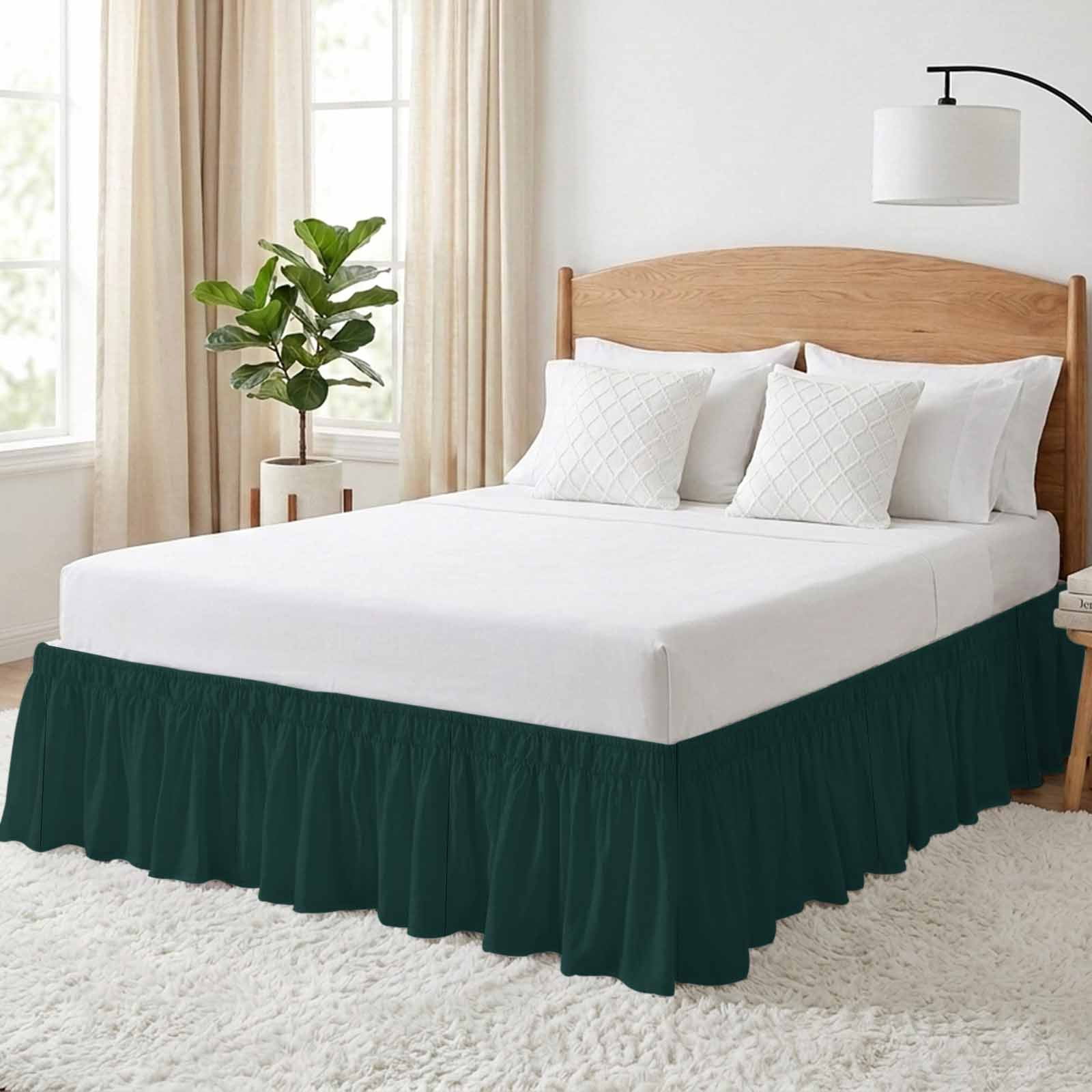 Bed Skirt Solid Color Adjustable Elastic Wrap-Around Dust Ruffle with Deep Green 18 Inch Drop, Bed Frame Cover for Queen Size Bed