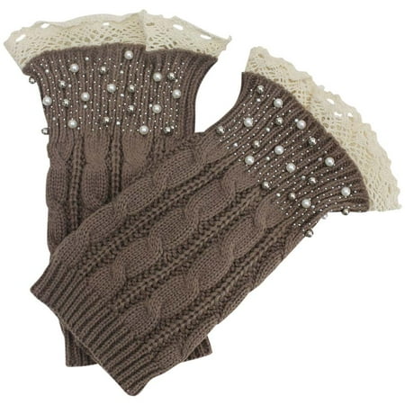 Black Boot Cuff Accessory - Rhinestone Pearl & Lace Trim Leg Warmer Boot Cuffs