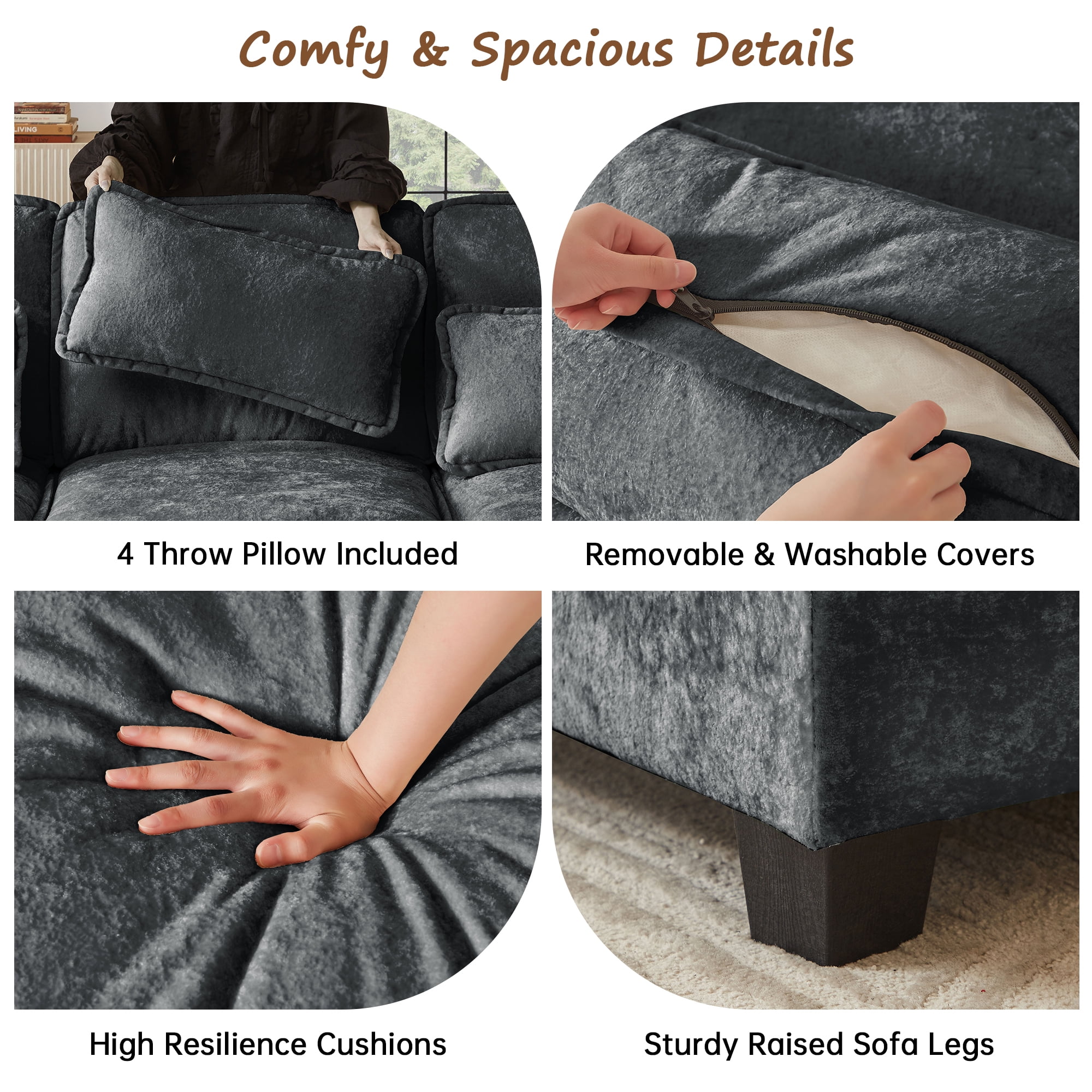 Pingliang Home Oversized Sectional Sofa U Shaped Couch 4 Seat with 4 Waist Pillows,Chenille Upholstery Symmetrical Sleeper Sofa Cloud Couch with Double Chaise Lounge for Living Room Apartment Office