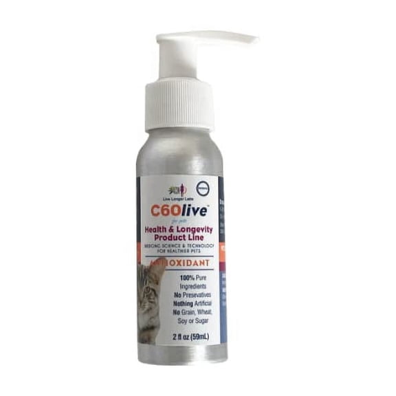C60live - Antioxidant Supplement for Cats - Carbon 60 (Fullerene) with Curcumin, Black Seed Oil, & Olive Oil - For Longevity, Immunity, & Joint Health - Naturally Formulated for Pets - 2oz Pump Bottle