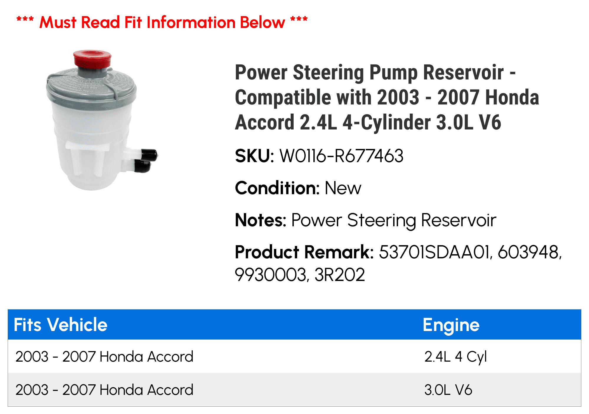 Power Steering Pump Reservoir - Compatible with 2003 - 2007 Honda Accord 2.4L 4-Cylinder 3.0L V6 2004 2005 2006