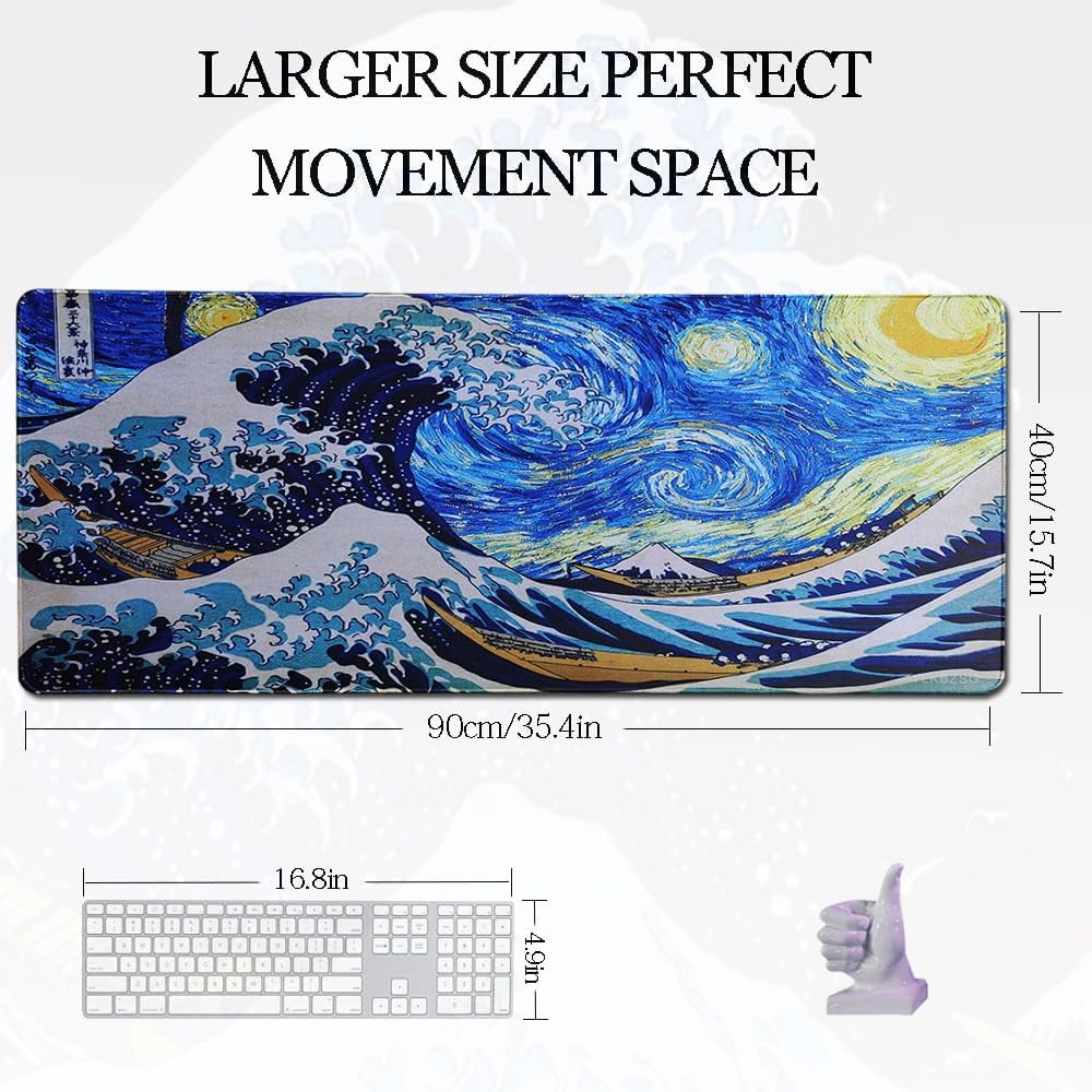 Japanese Anime Sea Waves Large Gaming Mouse Pad,with Non-Slip Rubber Base,Stitched Edges Extended Big Mouse Mat XL 35.4 x 15.7 inches for Office Gaming Home (gao 90x40)