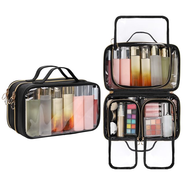Neceser de viaje OCHEAL de maquillaje transparente de doble capa, negro
