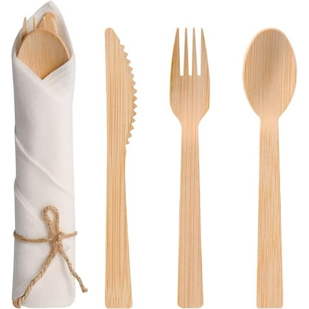 MY Pre Rolled Napkin and Bamboo Cutlery Set - 50Pack Bamboo Utensils/Compostable Cutlery(50 Forks, 50 Knives, 50 Spoons, 50 Napkins), Biodegradable Wrapped Cutlery for Party, Wedding, Events