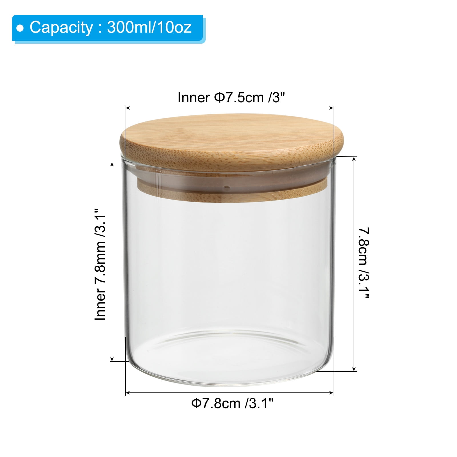 Uxcell 10 oz Glass Jar with Airtight Bamboo Lid Glass Kitchen Container Clear Food Storage Jar 2 Pack (7.8x7.8cm)