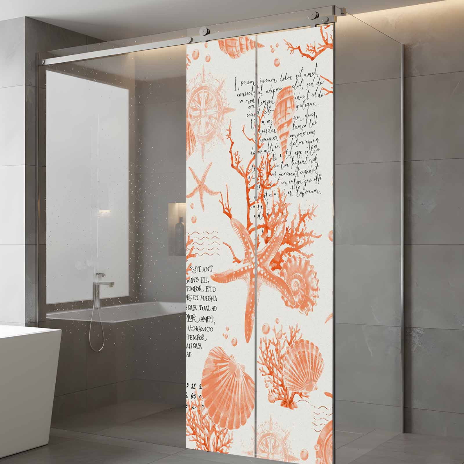 Orange Coastal Window Privacy Film, Starfish Shell Coral Seahorse Frosted Glass Window Clings Static Cling UV Heat Blocking Reusable Door Sticker for Bathroom 23.6 x 59 Inch