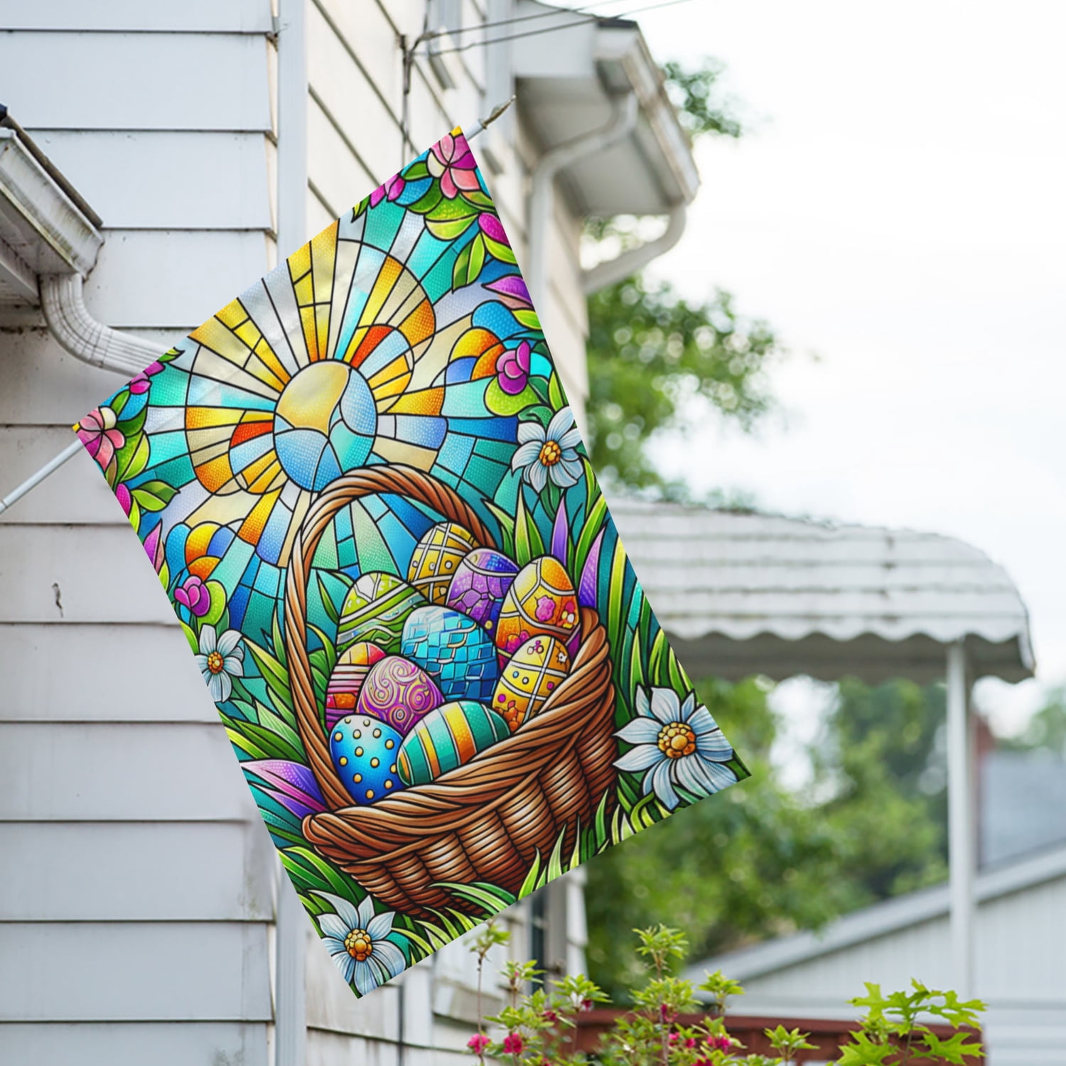 America Forever Easter Basket House Flag 28 x 40 inch Double Sided Floral Flowers Egg Hunt Glass Style Sunrise Small Spring Holiday Seasonal Easter Day Flags for Outdoor Yard Lawn Decoration
