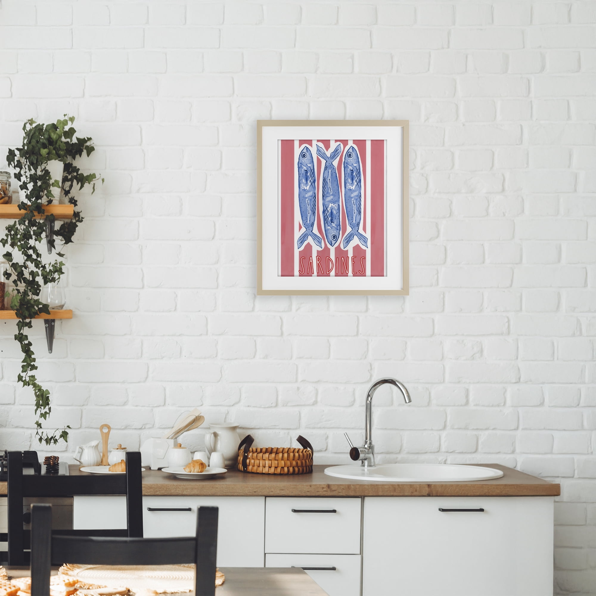 Stupell Industries Americana Sardines on Pink Stripes Birch Framed Print Under Glass, design by Nola James