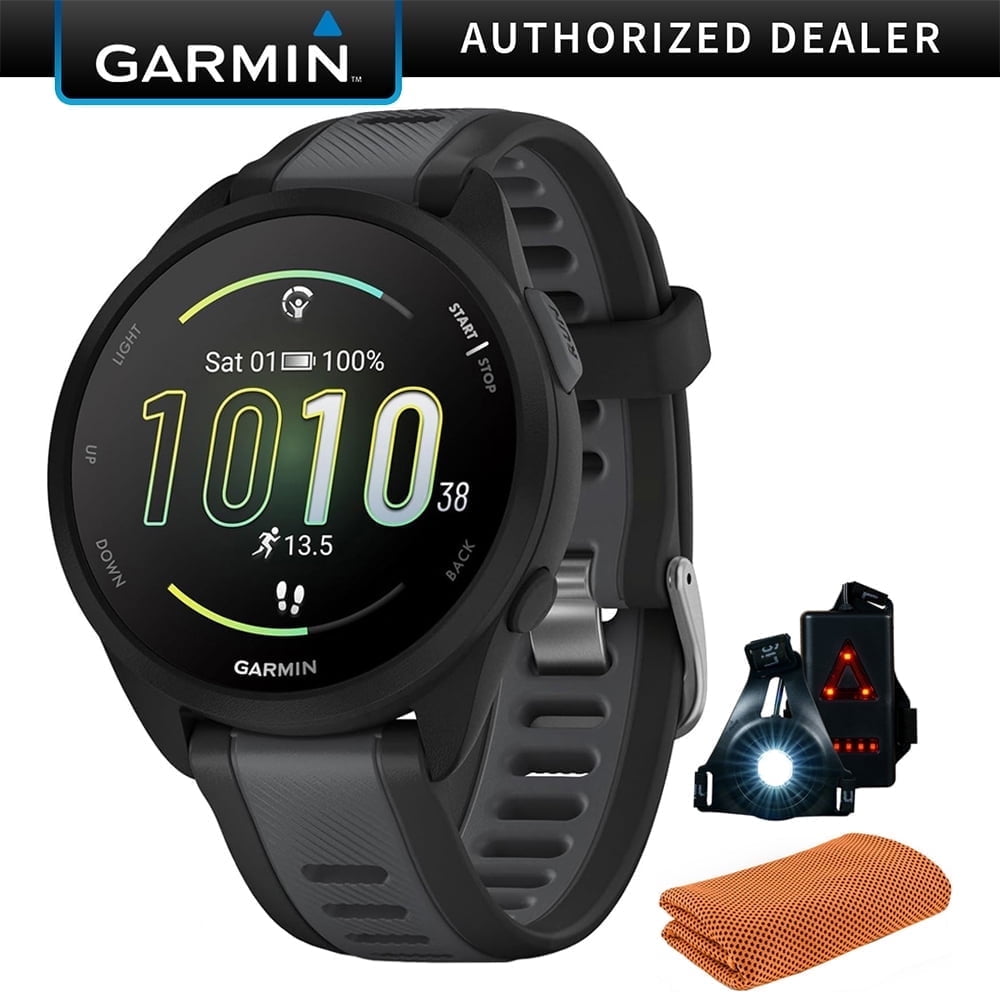 Garmin 010-02863-20 Forerunner 165 Smart Sport Watch, Black + Slate Gray Bundle with Sport Towel, Deco Essentials Wearable Commuter Front, Rear Safety Light| Official Garmin USA Dealer