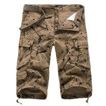 SWSMCLT Men's Cotton Cargo Shorts Printed Summer Casual Cropped Work Utility Capri Pants Designer Fashion Belted Khaki 36