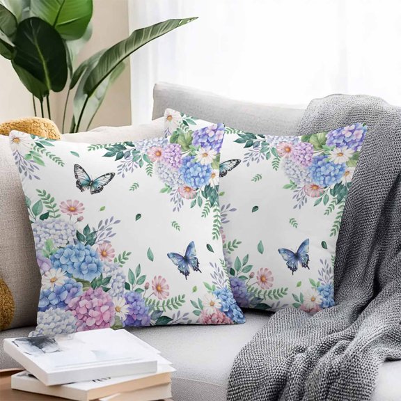 Throw Pillow Covers 26x26 Inch Set of 2, Spring Flowers Waterproof Outdoor Pillow Covers, Watercolor Floral Butterflies Botanical Decorative Cushion Pillowcases for Couch, Sofa, Bed, Garden, Patio