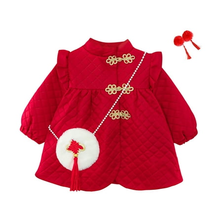 

Penkiiy 2024 Chinese Style Toddler Kids Boys Girls Plush Warm Embroidery Long Sleeved Red Dress Skirt Set 6-12 Months Red