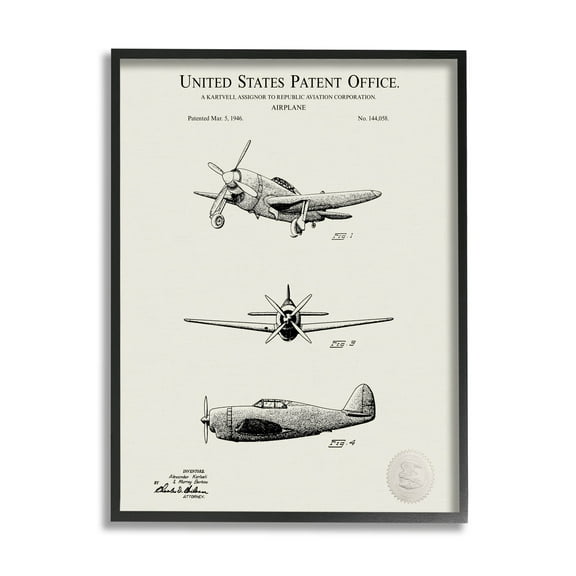 Stupell Industries US Patent Airplane Diagram Graphic Art Black Framed Art Print Wall Art, Design by Karl Hronek
