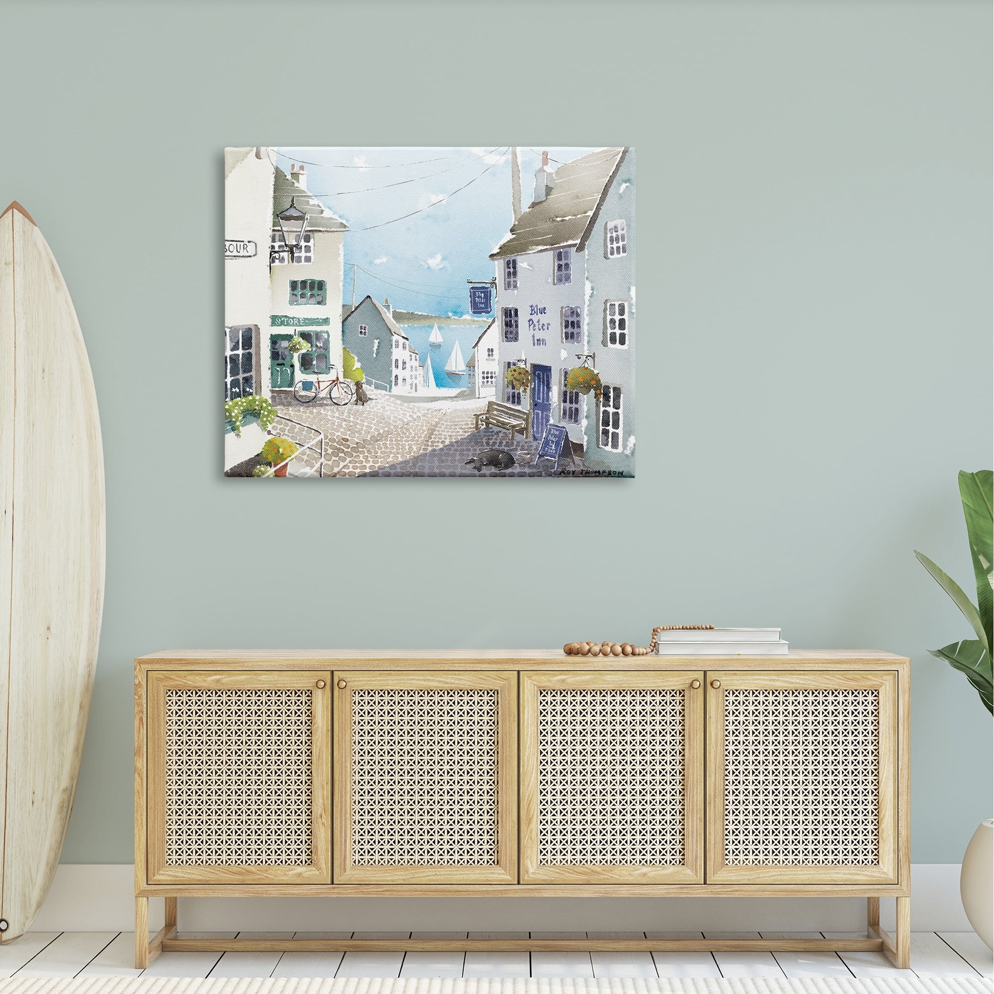 Stupell Coastal Town Seaport Sailboats Landscape Painting Gallery Wrapped Canvas Print Wall Art