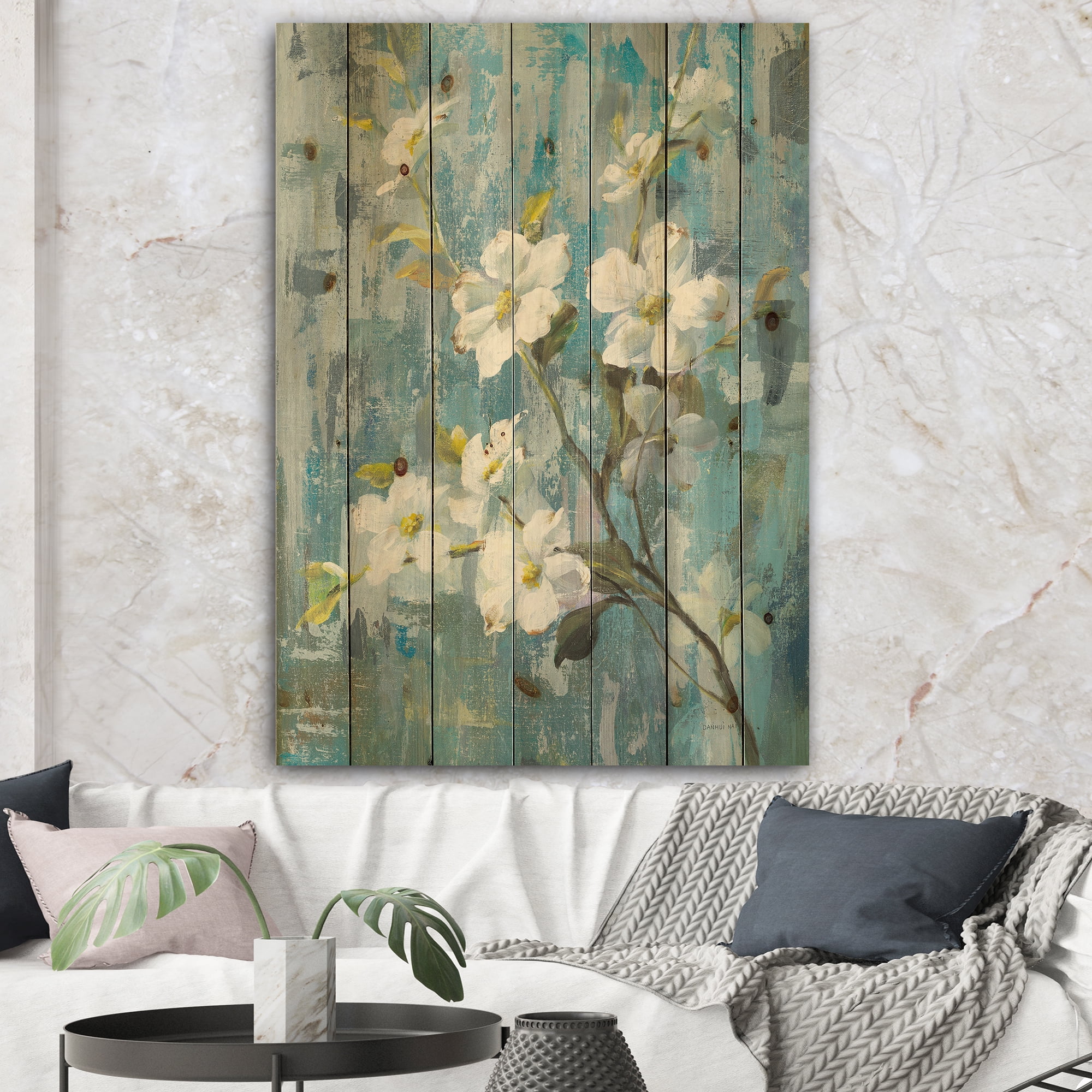 Designart 'Pastel Magnolia II' Floral & Botanical Print on Natural Pine Wood