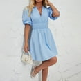 thumbnail image 5 of Dresses for Womens 2024 Plus Size Fashion V-Neck Puffy Sleeves Temperament Pleated High-waisted Mini Dress Solid Color Short-sleeved V-neck Dress, 5 of 6