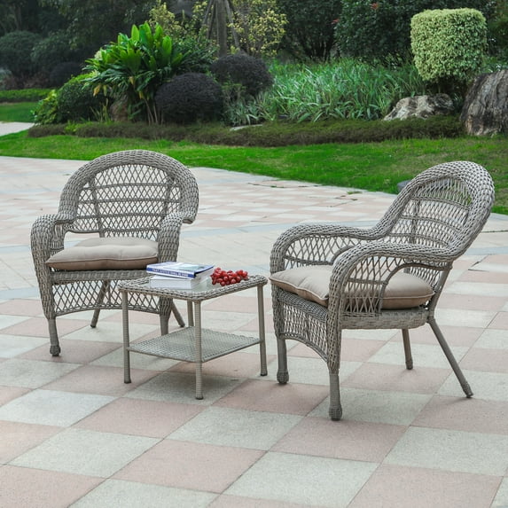 3pc Taupe Wicker Chair with Tan Cushion and End Table Set