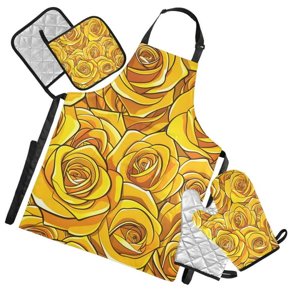 Yellow Roses Apron Set with Oven Mitts Pot Holders Set of 5 Kitchen Stuff Accessories