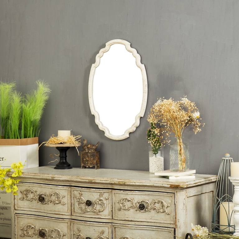 Vintage Scalloped Oval Mirror, Distressed White Wood, Wall Mounted 