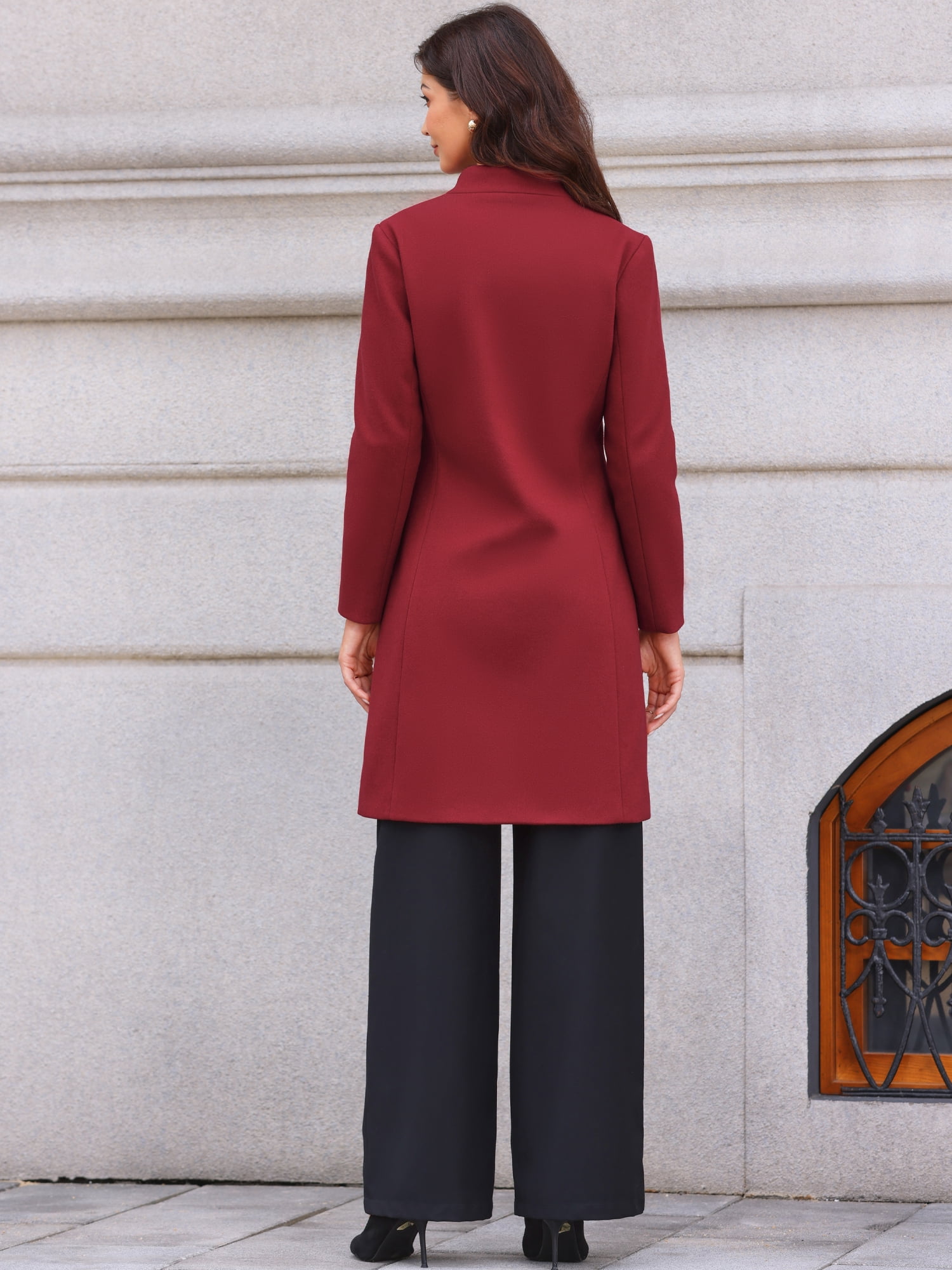 DARING DIVA Women's Stand Collar Mid-Length Overcoat with Pockets L Dark Red