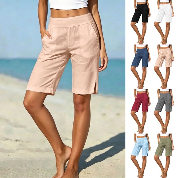Ihhxva Cotton Beach Shorts for Women Elastic Waist Solid Color Adjustable with Pockets Stretchable Summer Exterior Pocket High Bermuda Style Casual Workout Lounge S-2XL
