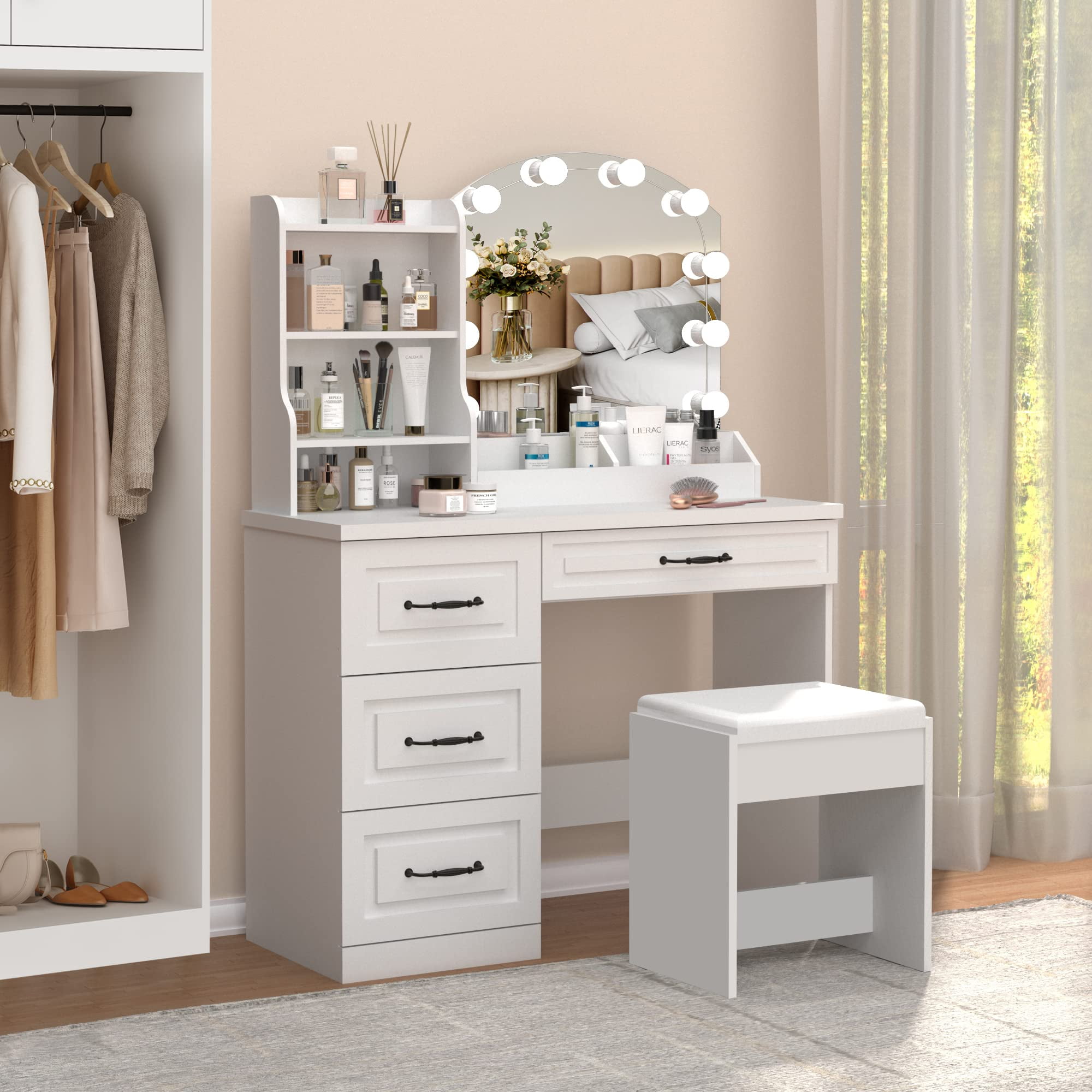 Veanerwood Makeup Vanity Set with Lights and 4 Drawers, Modern Vanity Table 3 Lighting Colors, 39.4in, White