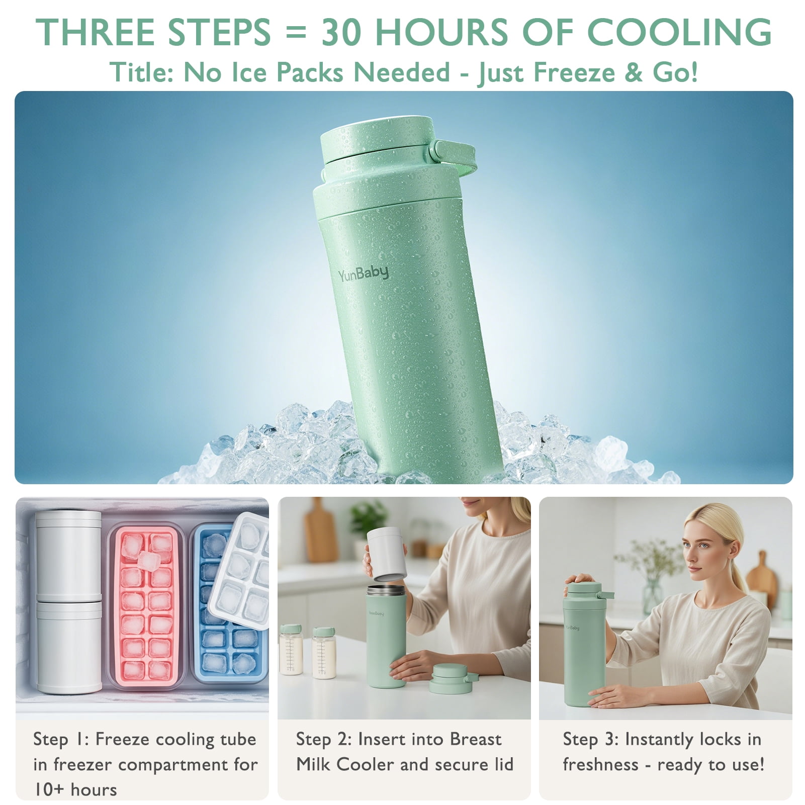 YunBaby 22oz Portable Breast Milk Cooler with Ice Pack, 30-Hour Cooling, Includes 2 Storage Bottles, Travel Essential