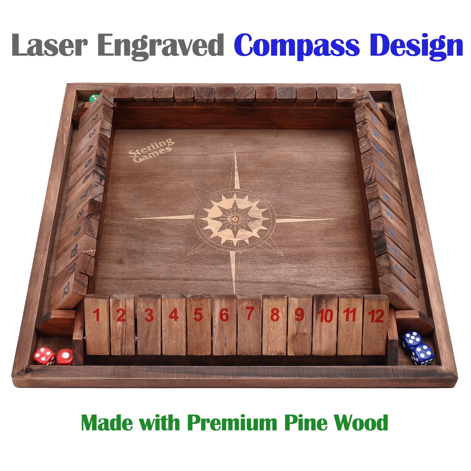 Sterling Games 12" Shut The Box Game for 4 Players with Nautical Themed Wooden Game Board