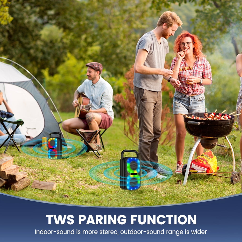 Rechargeable Bluetooth Speaker - RGB Lights, TWS Stereo Pairing, 10m Stable Connection, 1500mAh Type-C Charging, USB/TF/FM/Mic, Portable Handle for Outdoor/Party/Camping