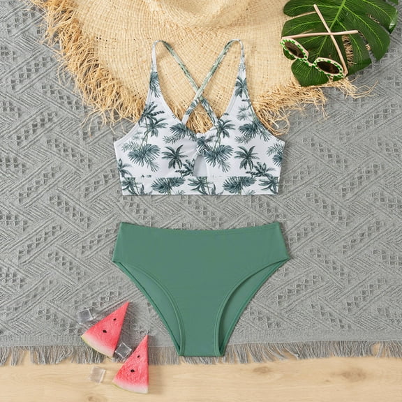 XDZJLR Swimsuit for Girls Bathing Suit High Waisted Bikini Strap Top Swimming Trunks Beach Holiday 2 Piece Swim Suit Green 8-10 Years