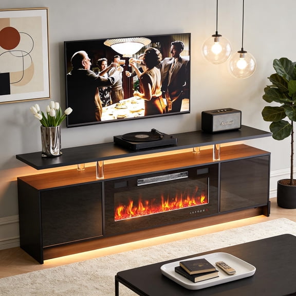 70" Black TV Stand with 36" Electric Fireplace & 12 Flame Colors &17 LED Lights