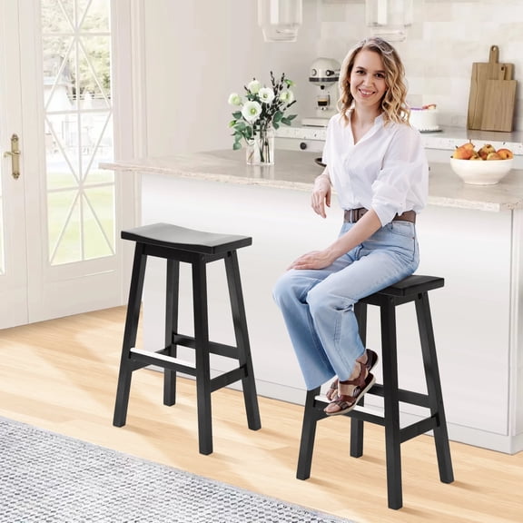 XF XINFENG 30 inch Bar Stools Set of 2, Solid Wood Saddle Chair Backless Counter Stools 350 lbs with Footrests & Sturdy Legs for Kitchen, Black