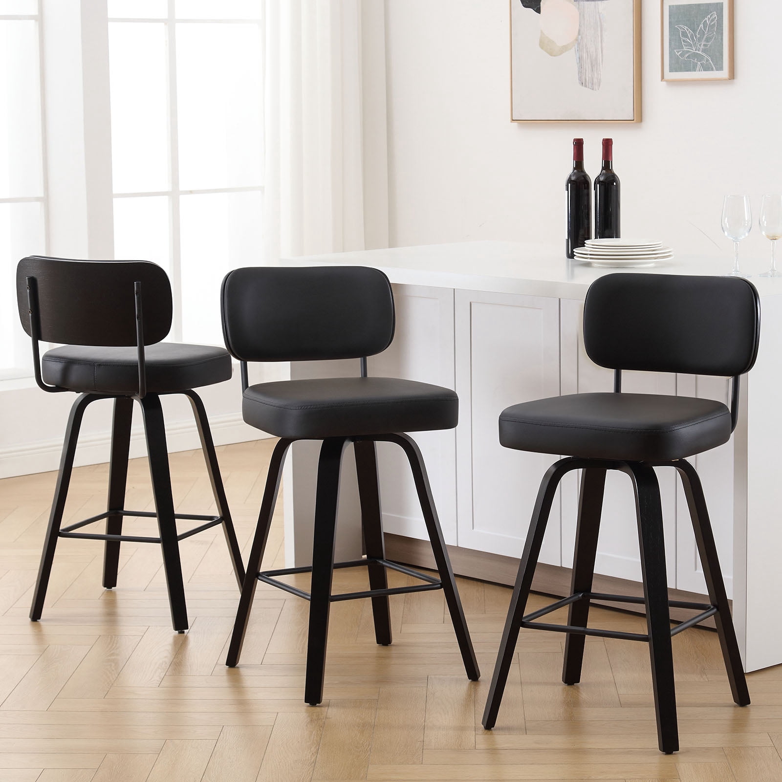 Swivel Counter Height Bar Stools, Set of 4, 26" Upholstered PU Leather Barstools with Back Wood Legs, Mid Century Modern Bar Chair Island Stool for Kitchen Counter, Black