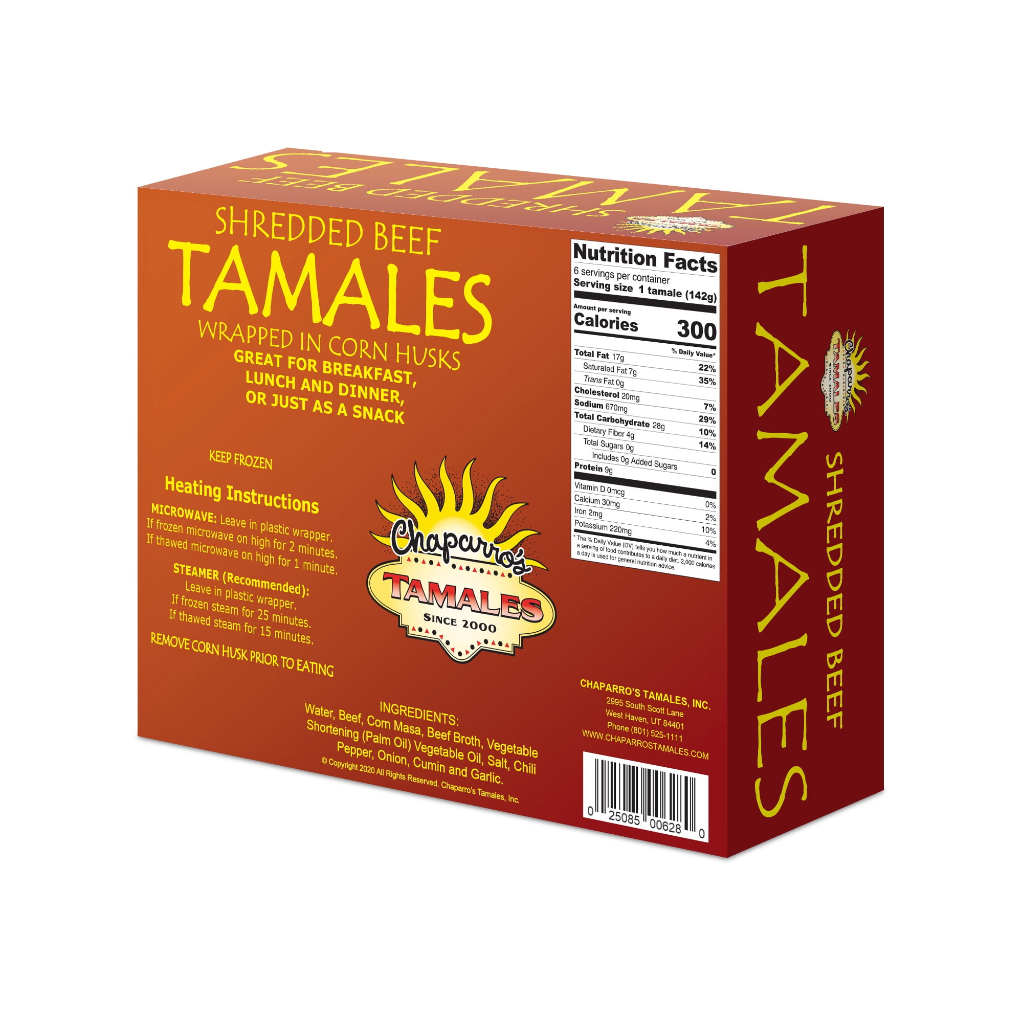 Chaparros Tamales, Shredded Beef Red Chili, Frozen, 6 pack, 30 oz Box, Tamales ,Gluten Free, All Natural