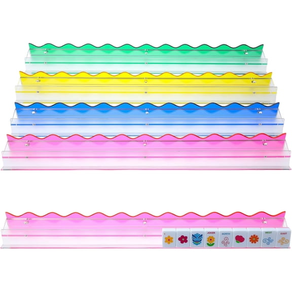 4 Pack Mahjong Tile Rack & Pusher Set, Acrylic All-in-one Holders, Scalloped Magnetic Mahjong Racks for Organizing Tiles, Easy to Use for Home Game Nights(Scalloped Edge, Colorful)