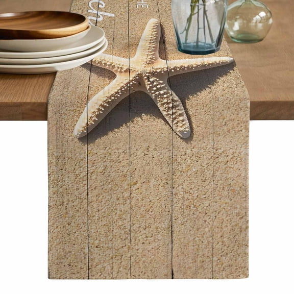 Beige Blue Summer Beach Table Runner, Coastal Nautical Starfish Ocean Washable Cotton Linen Table Runners 48 Inches Long, Dresser Scarf Runner for Nightstand/Coffee/End Tables 13''x48''