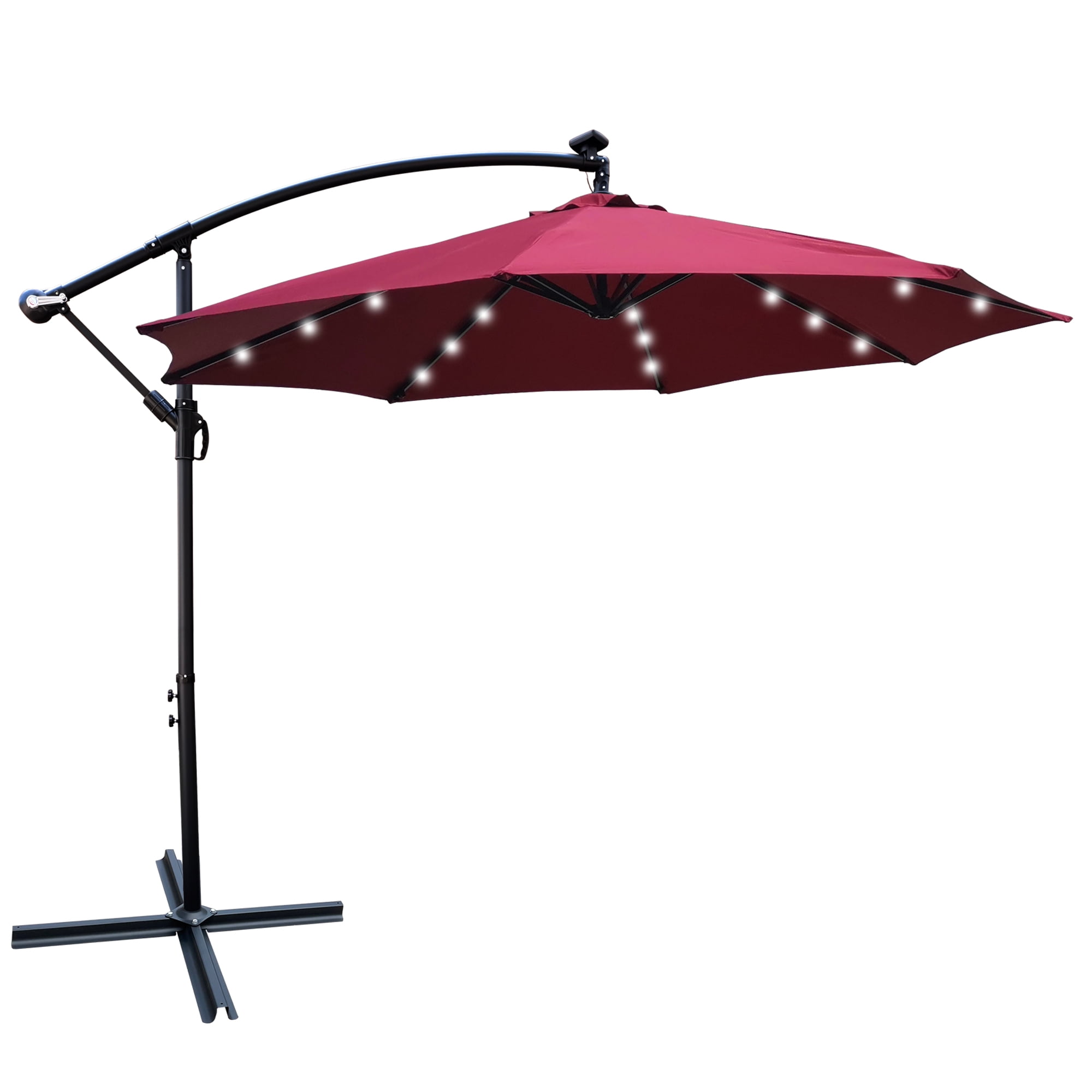 10 FT Round Outdoor Patio Umbrella, Solar LED Lighted Waterproof Sun Shade Umbrella with Stable Base, Burgundy