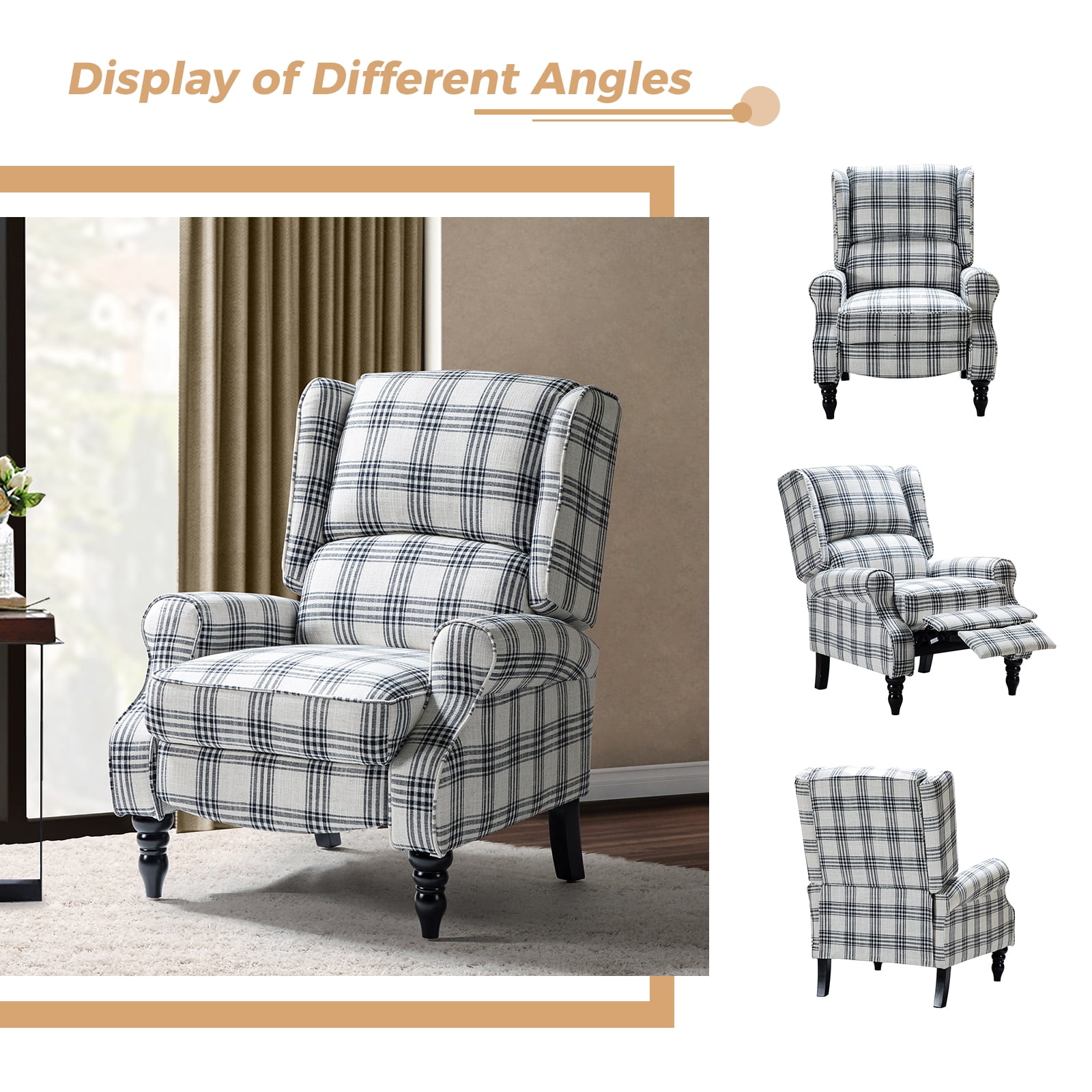 Tina's Home GREENGUARD Certified VintagePlaid Black Wingback Manual Push Back Recliner Chair Set of 2 for Living Room