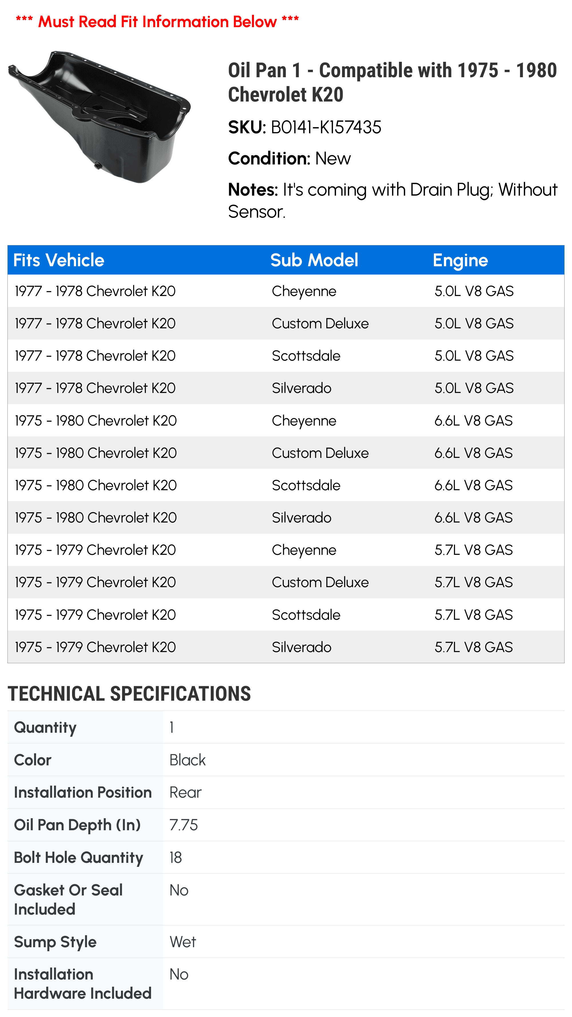 Oil Pan 1 - Compatible with 1975 - 1980 Chevrolet K20 - Autopart Premium