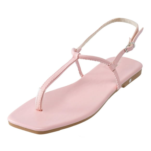 ZTTD Ladies Fashion Summer Leather Solid Color Flip Flop Buckle Flat Roman Sandals Pink