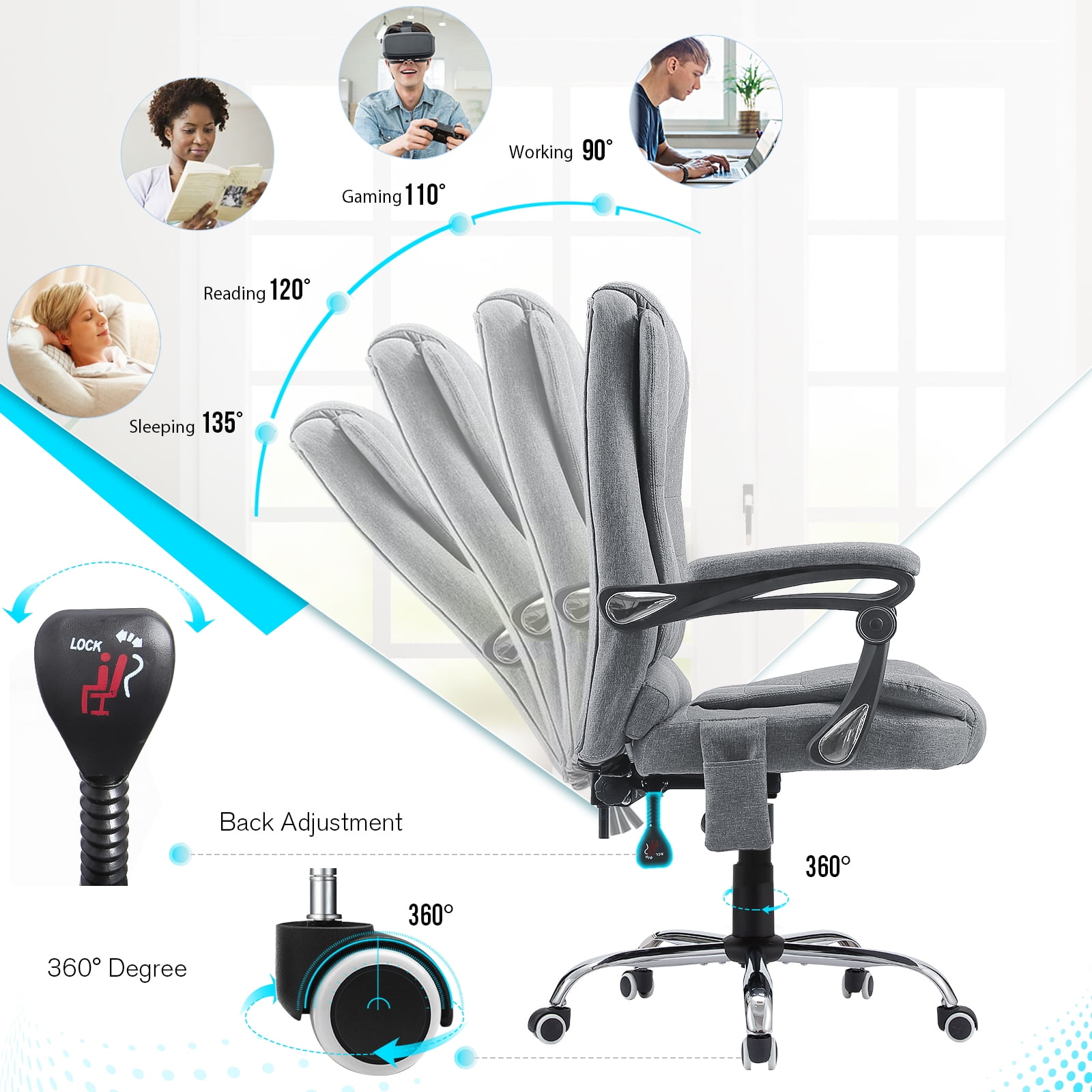 YODOLLA Heated Massage Office Chair Ergonomic Reclining Computer Chair High Back Desk Chair Ergonomic Fabric Office Chair For office,Grey