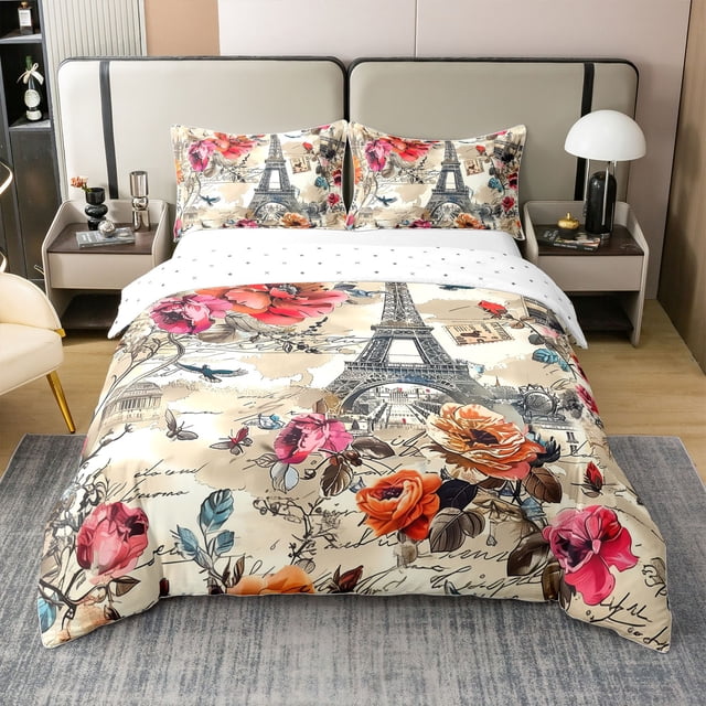 Erosebridal Housse de Couette Romantique à Roses 100 % Coton Format Très Grand, Ensembles de Literie Tour Eiffel Format Très Grand, Déco de la Saint-Valentin, Réversible (Sans Couette)