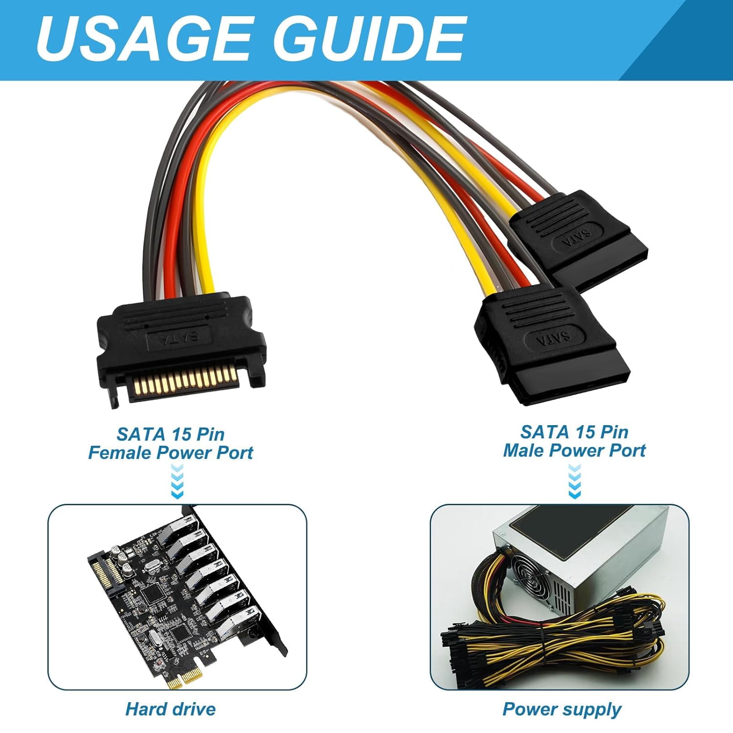 2Pcs SATA Power Splitter 15 Pin SATA Male To 2 SATA Female Power Splitter SATA Power Cable Connector SATA Power Splitter Y Cable Hard Drive Power Splitter For Hard Drive HDD SSD - 20cm