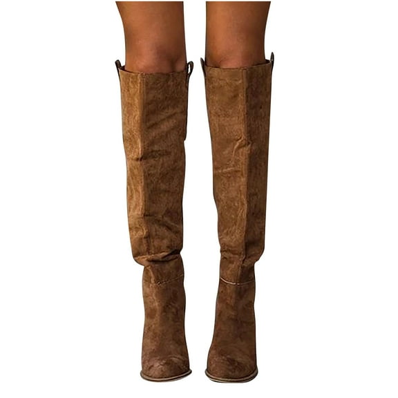 Juebong Fashion Women Autumn Long Tube Chunky Block Heel Shoes Boots Knee High Round Toe Boots,Brown Size 6.5-7