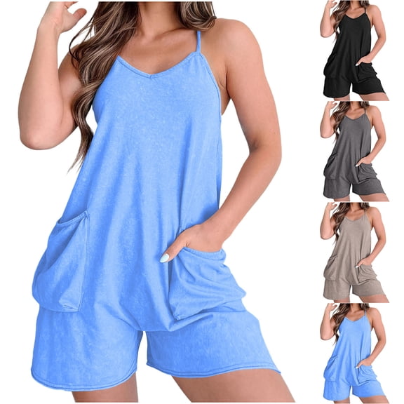Antinious Women Solid Spaghetti Strap Sleeveless Loose Plus Size Short Jumpsuit